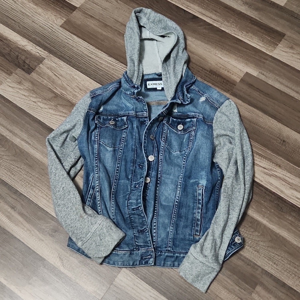 Express Denim Jacket With Built In Hoodie Size Small Distressed